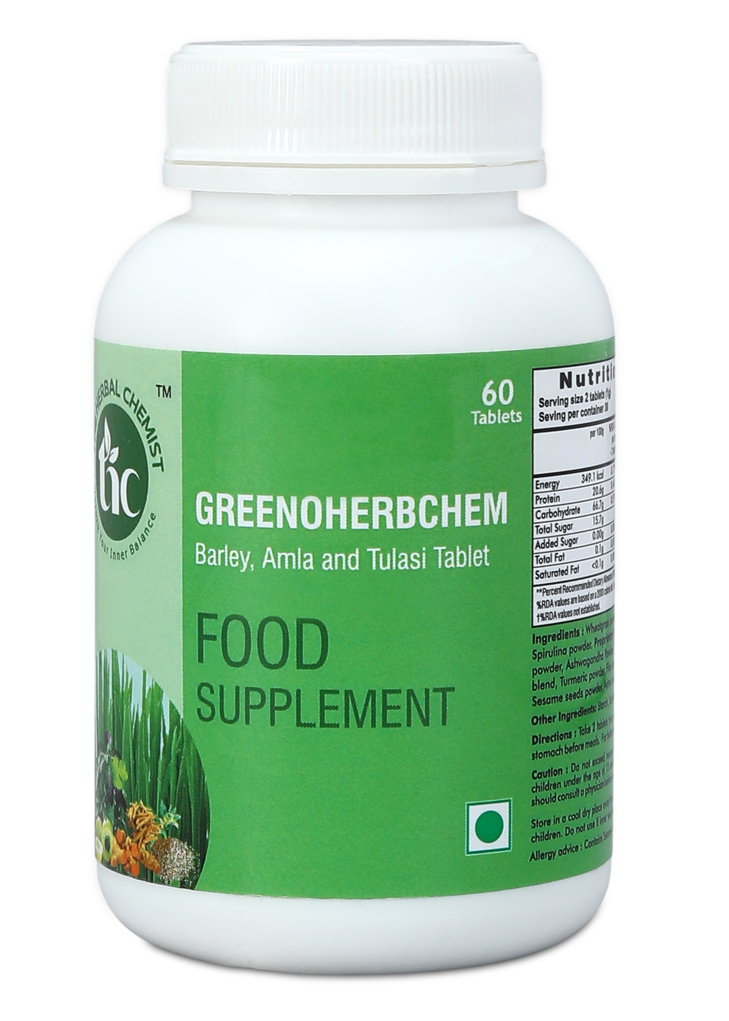 GreenHerbChem Food Supplement Tablets - Barley, Amla, and Tulasi (60 Tablets)