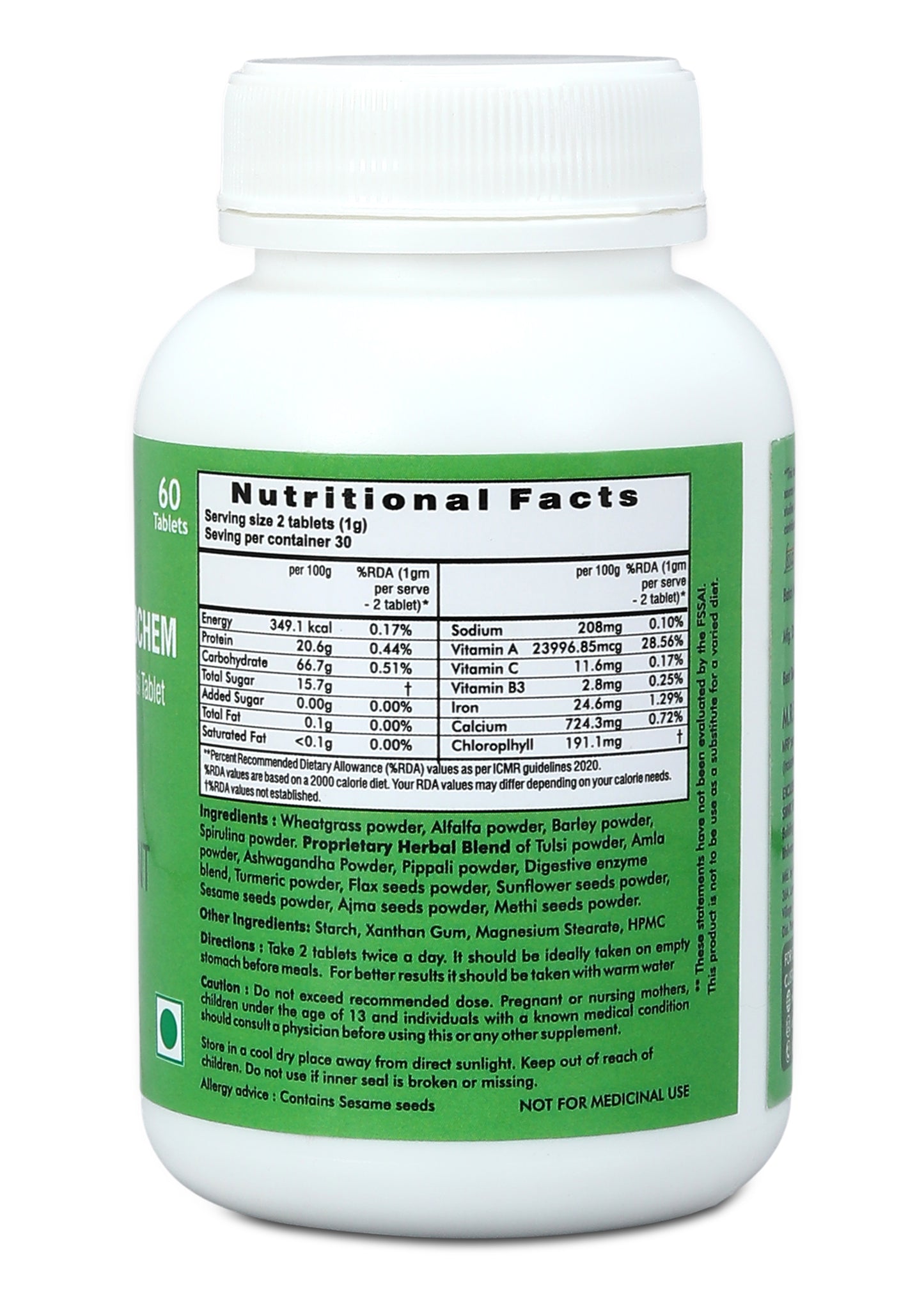 GreenHerbChem Food Supplement Tablets - Barley, Amla, and Tulasi (60 Tablets)